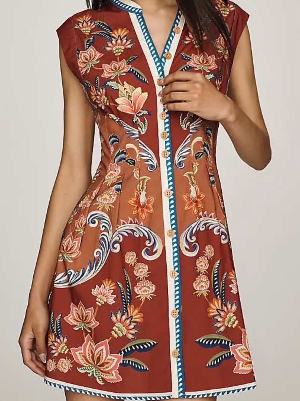 Farm Rio Floral Button-Front Short Dress in Rust